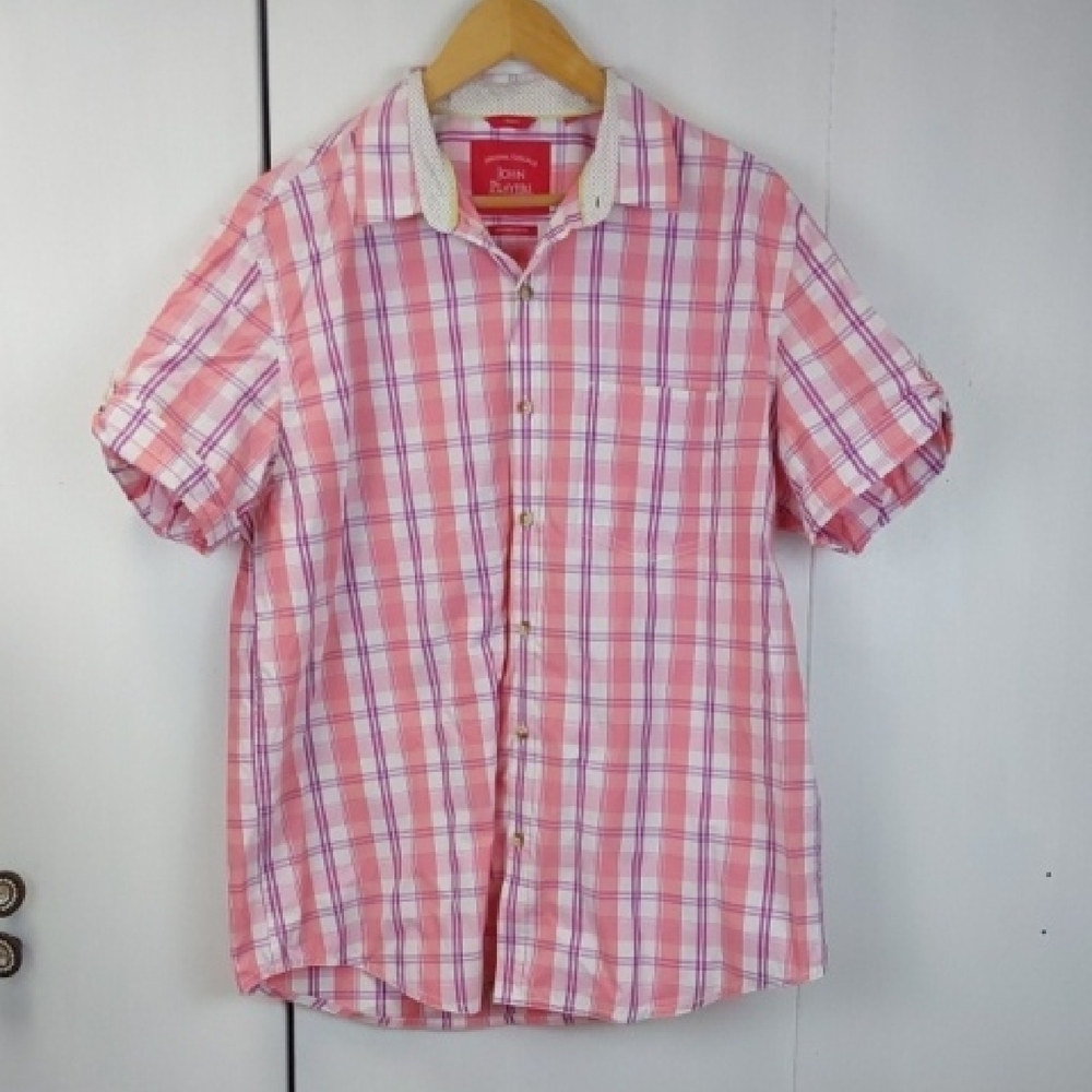 John Players| Mens Pink Plaid Buttondown Short Sleeve Shirt Golf Preppy Sz.Large